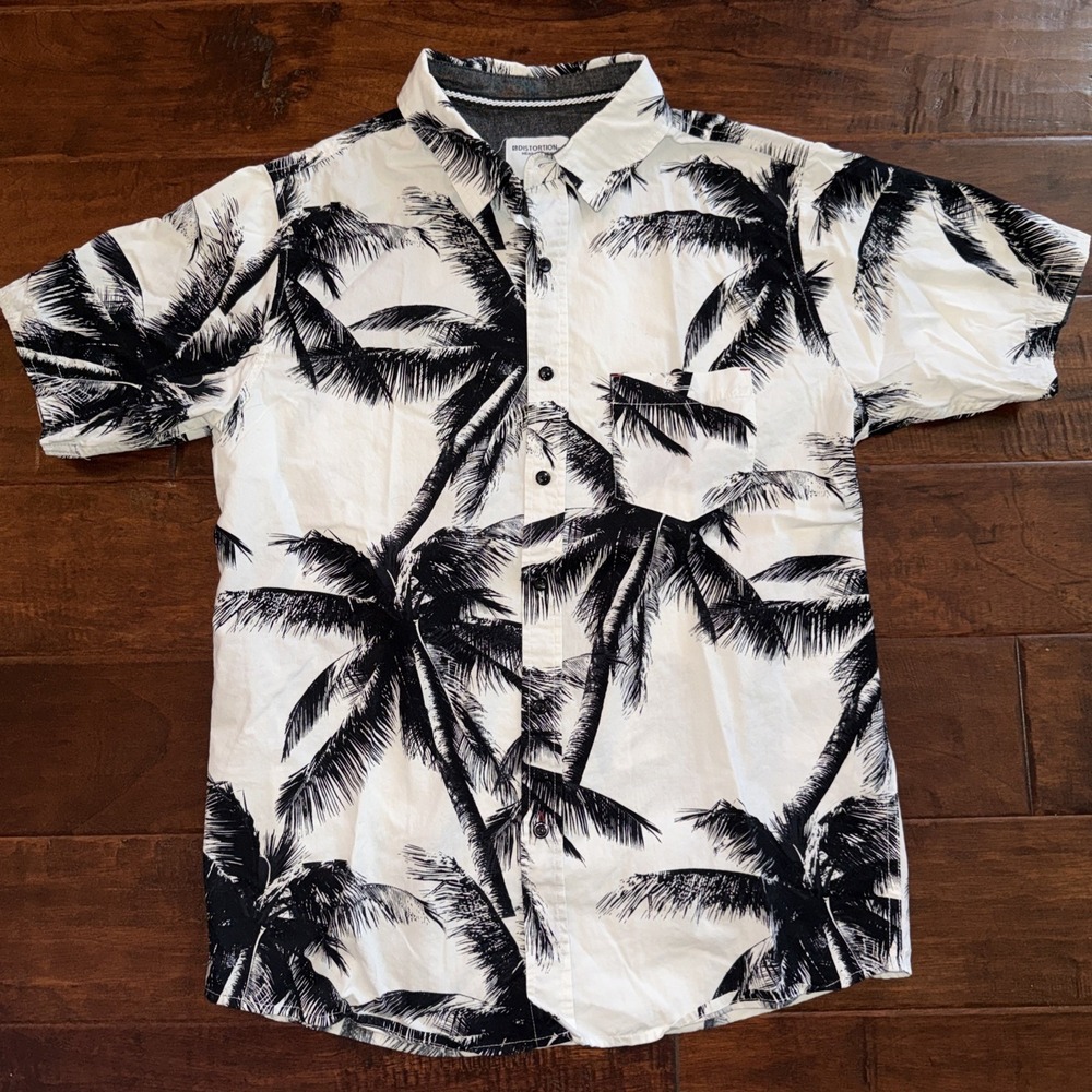 Distortion Hawaiian Shirt Palm Tree Print  White/Black Cotton Size Medium